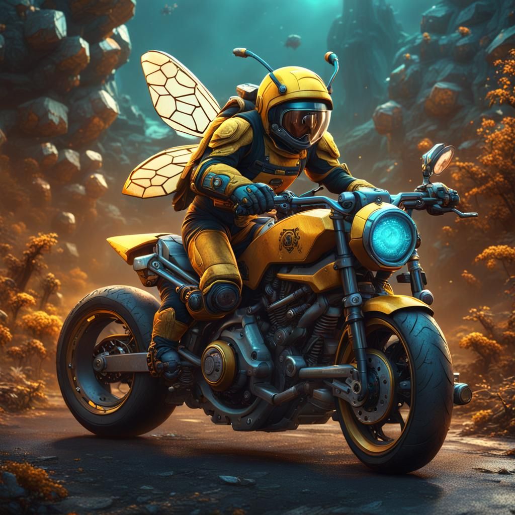 Bee Rides Motorcycle: Detailed Matte Painting