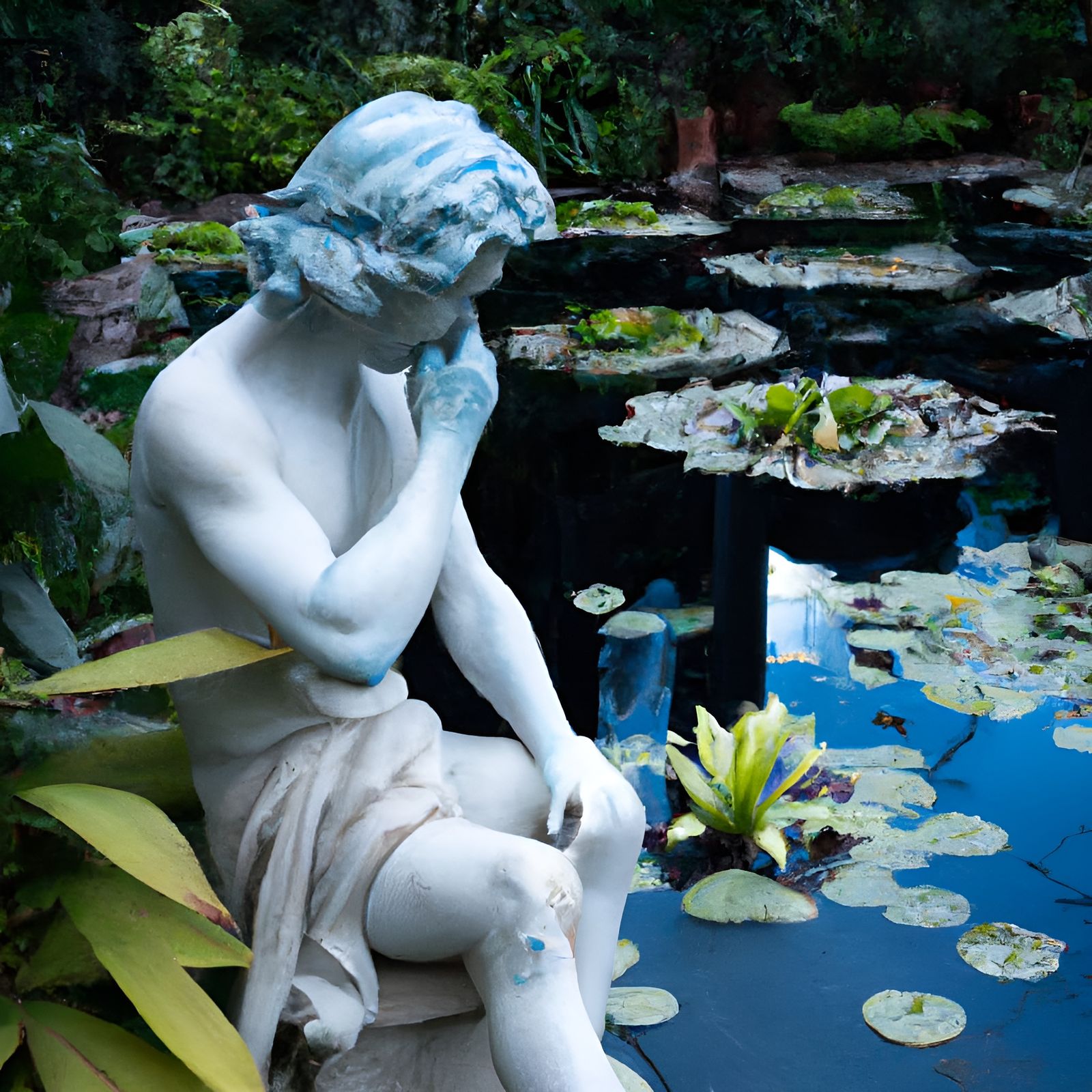Blue-Green Marble Statue in Bloomcore Garden