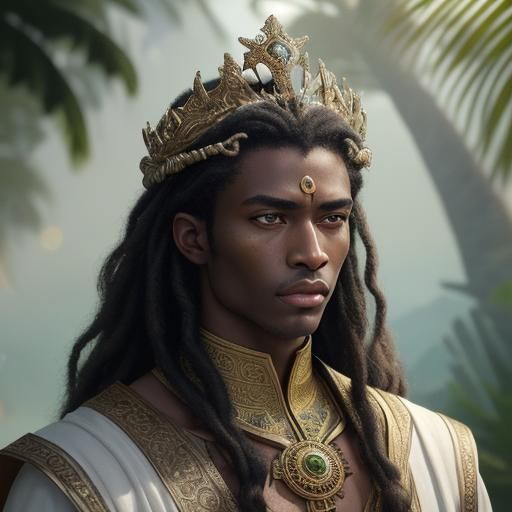 Ethereal African Prince with Green Eyes in Gouache