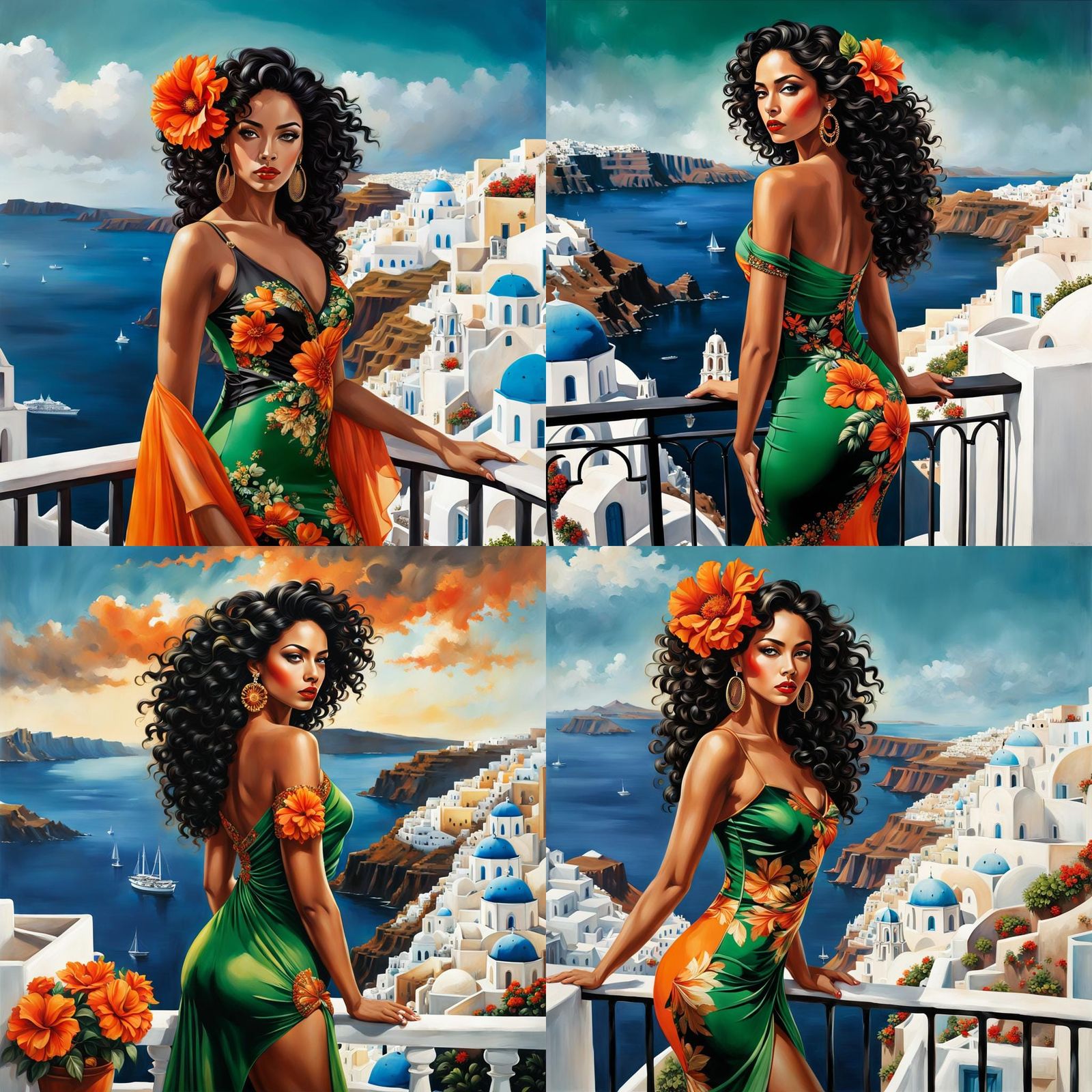 Woman on Balcony in Trash Polka Santorini Dreamscape