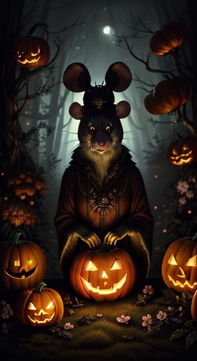 Elegant Mouse in Bioluminescent Halloween Fairy-tale Scene