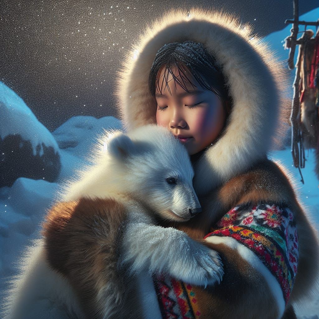 Inuit Girl Hugging Bear Cub in Snowy Landscape