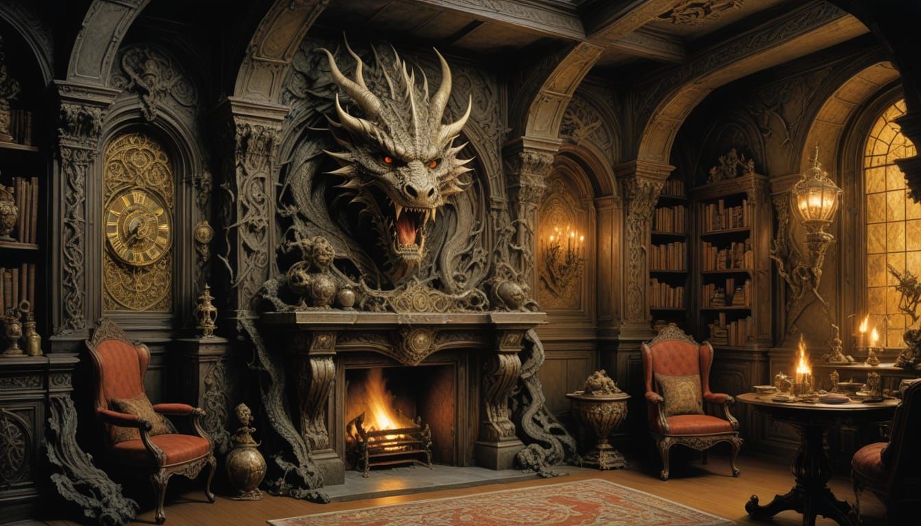Dragon's Head Stone Fireplace in Warm, Sepia-Toned Glow