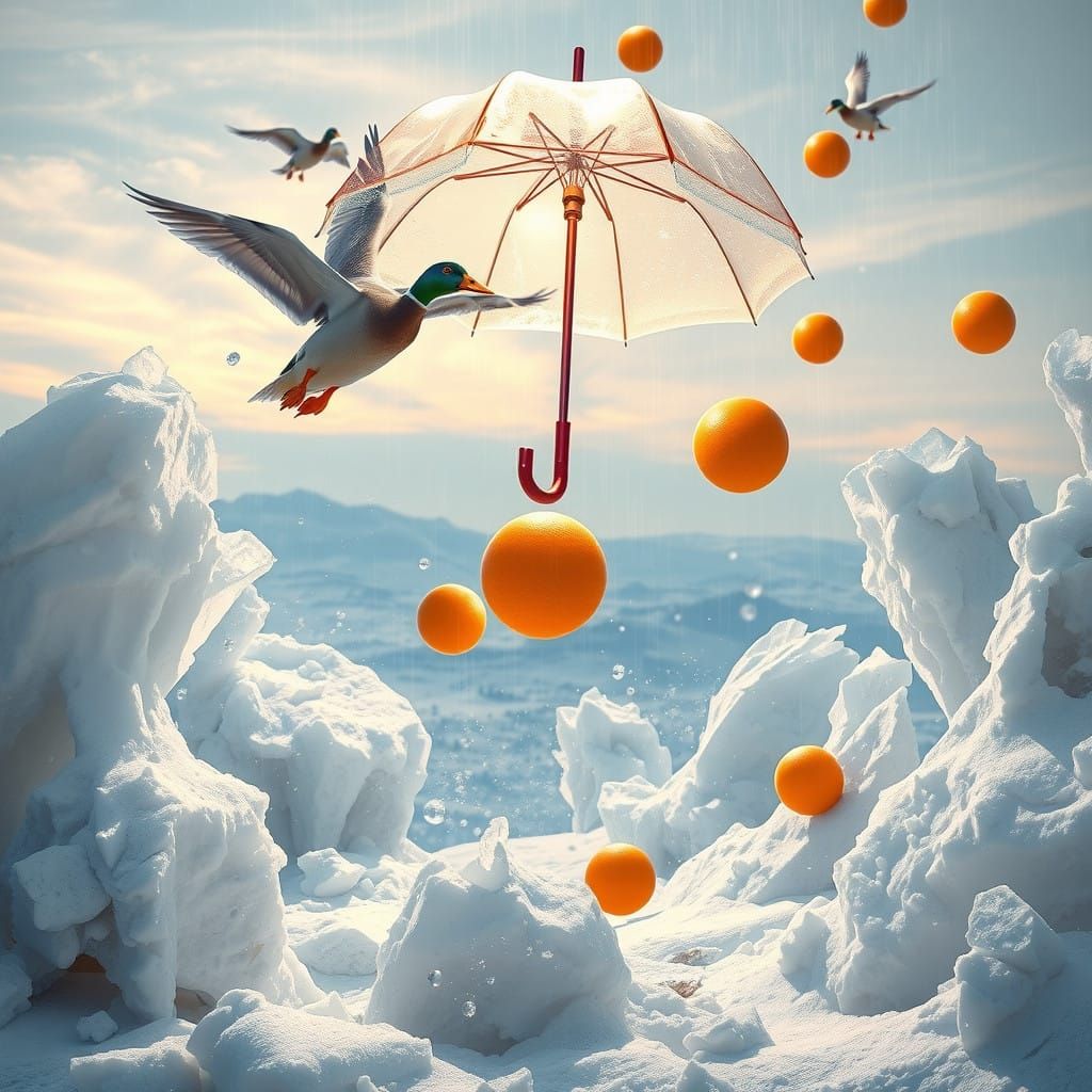 Crystal Dreams: Ethereal Ducks Soar Over Vibrant Orange Orbs