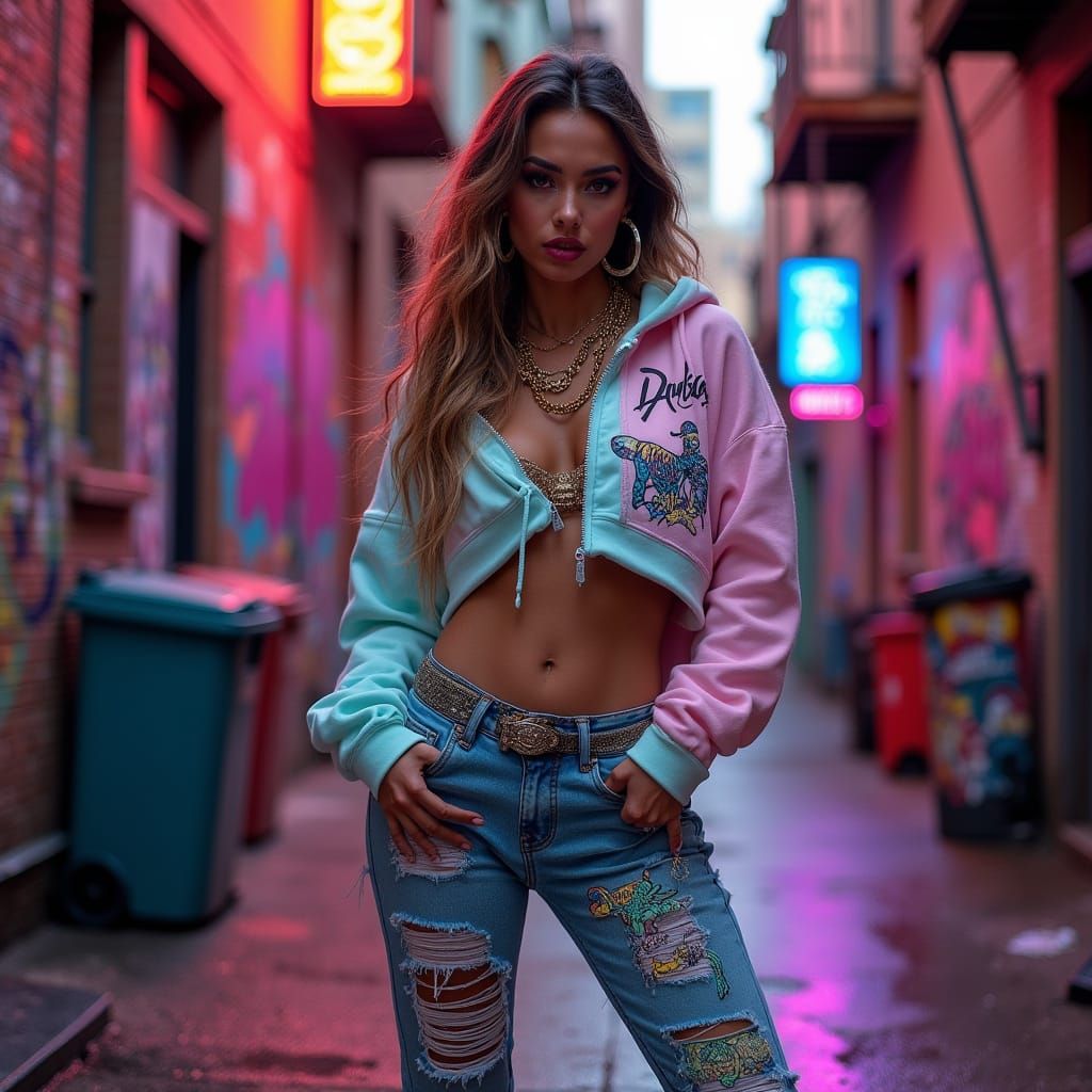 Confident Woman Dominates Vibrant Graffiti Alley