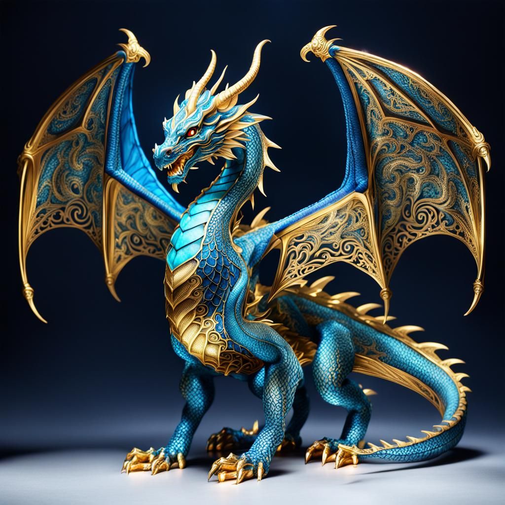 Blue Dragon with Golden Filigree Wings