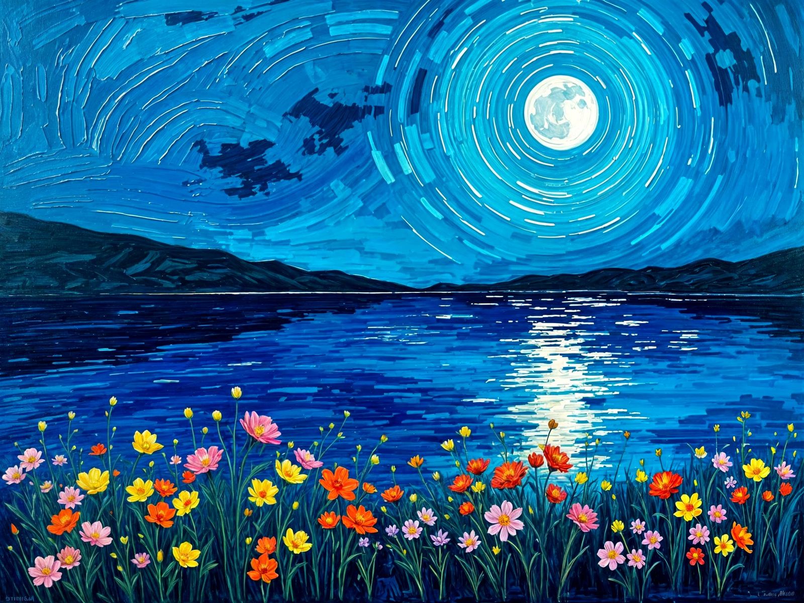 Moonlit Lake: Impasto Painting with Vibrant Reflections
