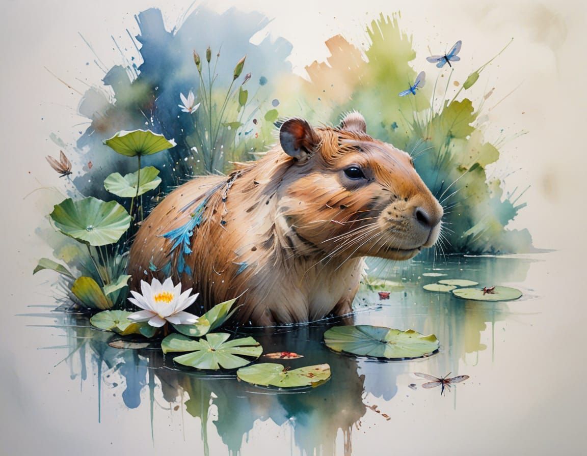 Relaxed Capybara by Garden Pond in Watercolor Style