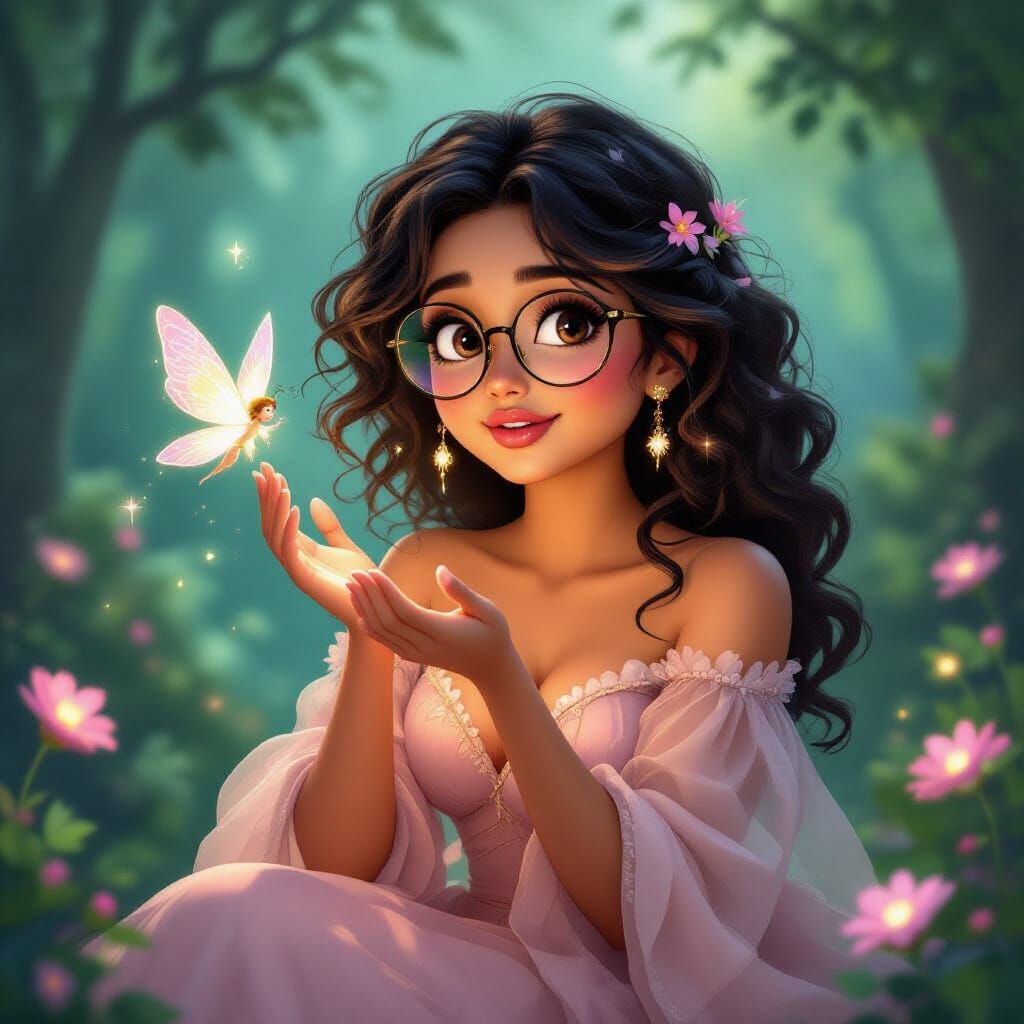 Indian Woman in Enchanted Forest with Fairy