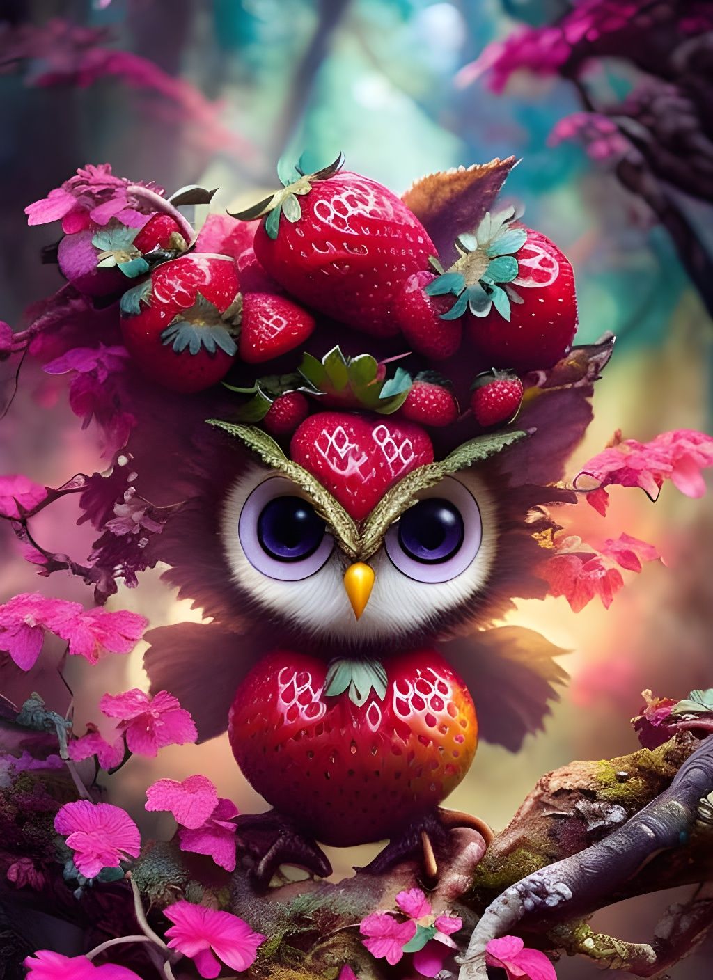 Chibi Strawberry Owl in Fantasy Forest