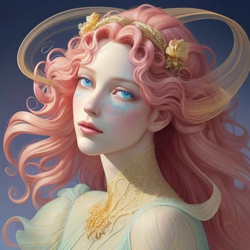 Art Nouveau Portrait of Flora Goddess with Pink Curls