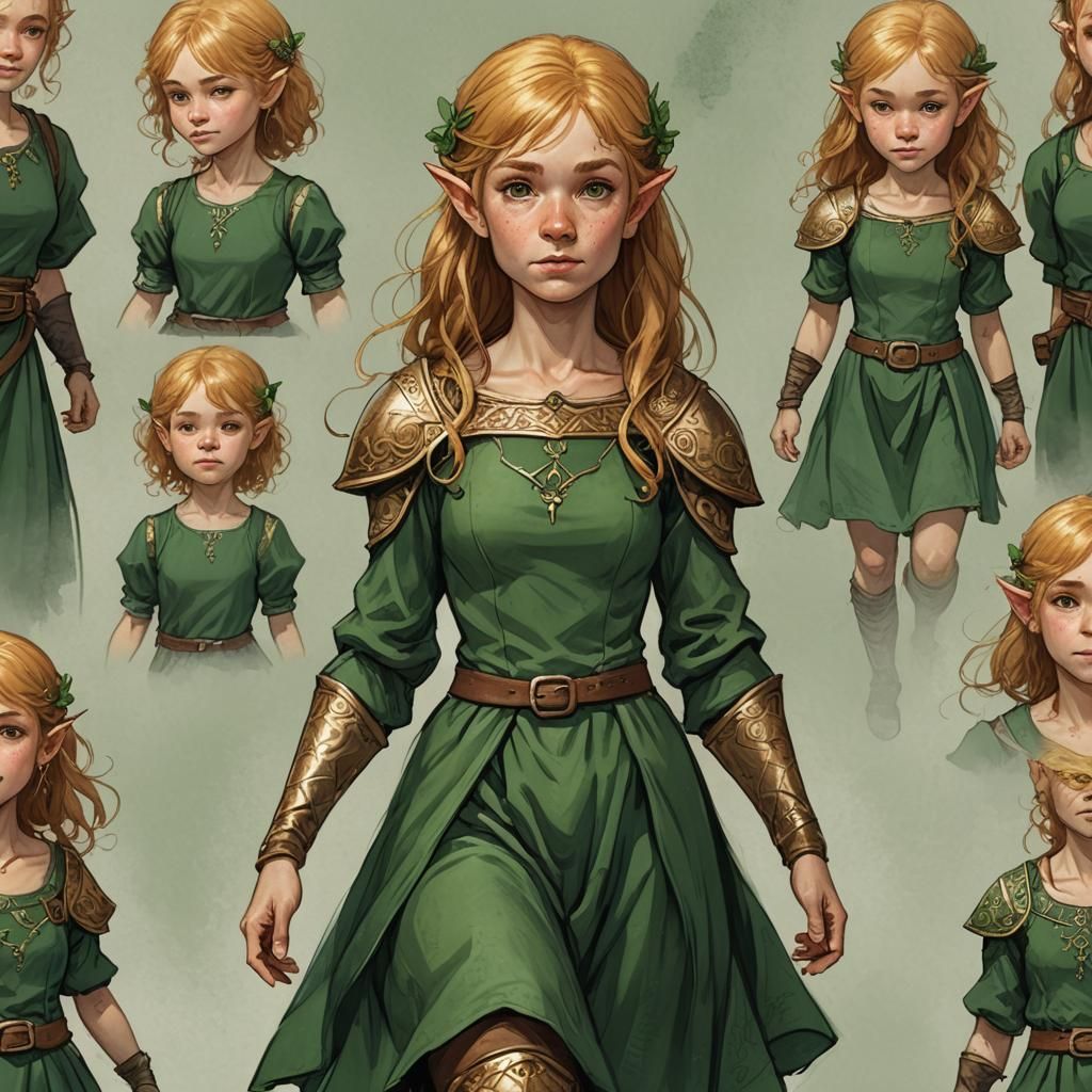 Golden Haired Halfling in Green Dress Fantasy Art