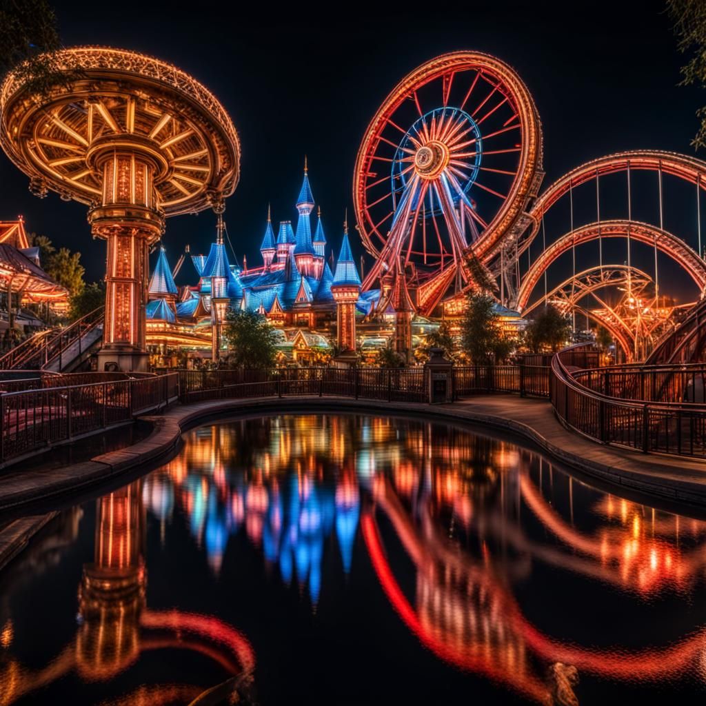 Spectacular Theme Park at Night in Hyperrealism