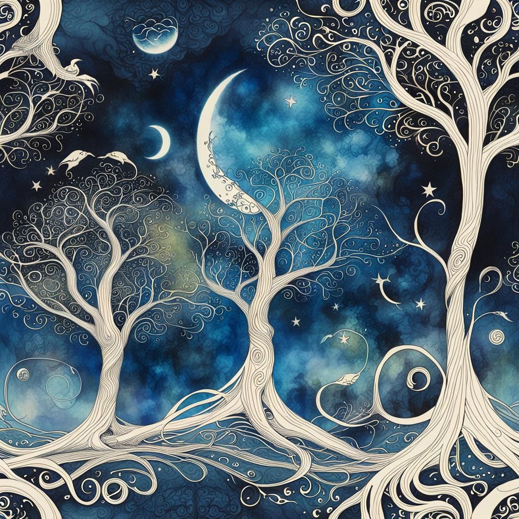 Mystical Forest Ink Swirls in Dark Fantasy Art