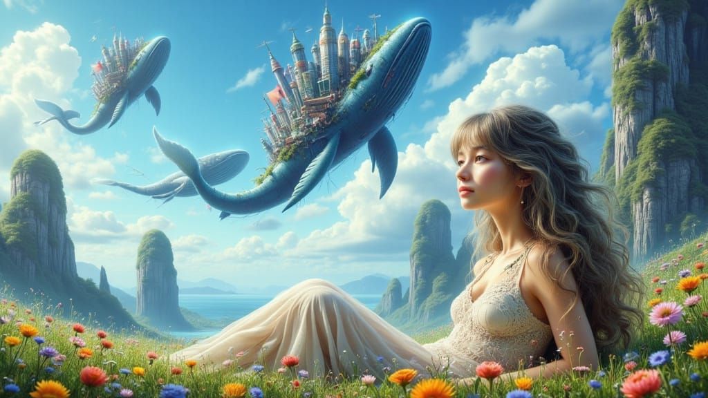 Anime Maiden in Whimsical Landscape with Flying Whales and C...