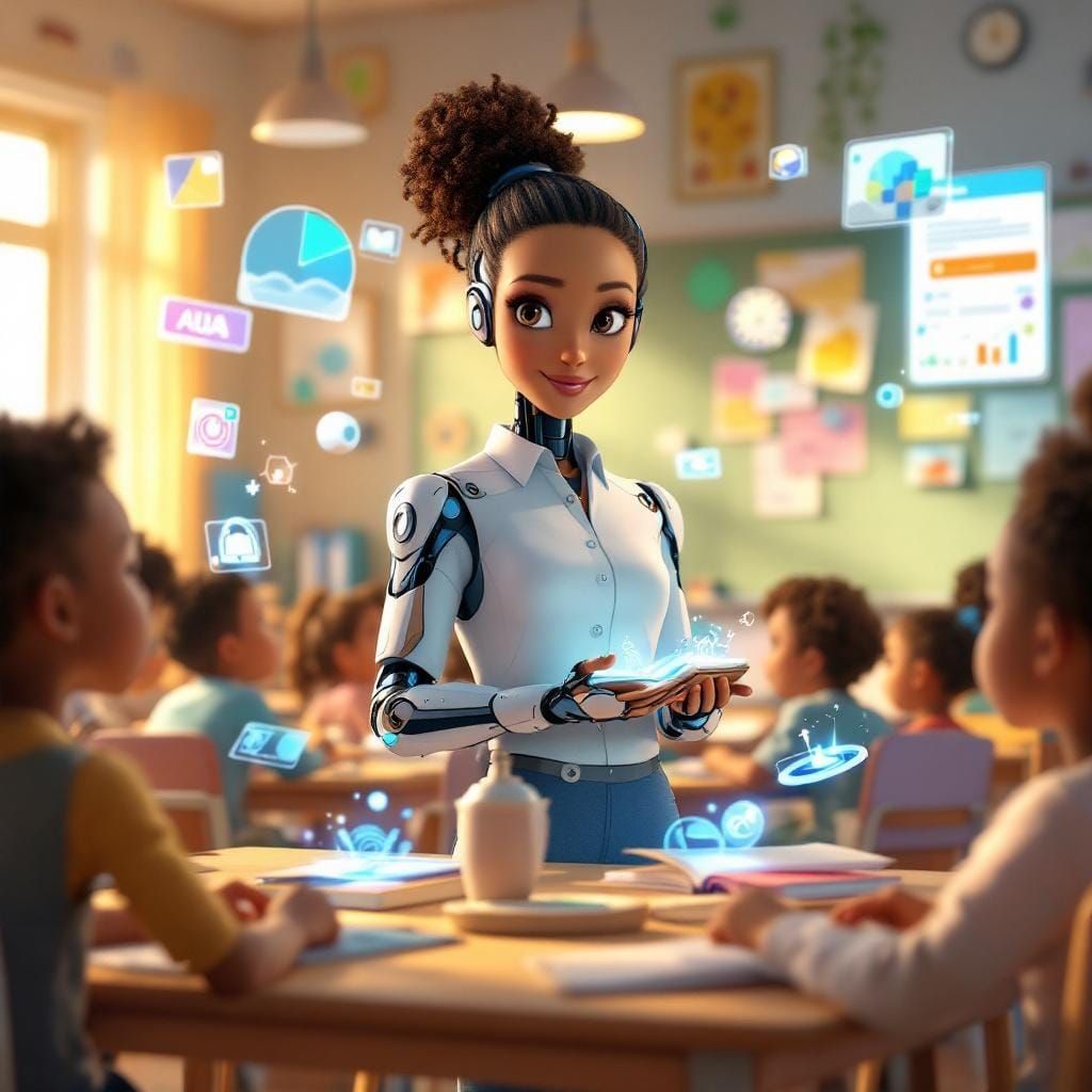 AI Teacher in Classroom with Holographic Textbooks