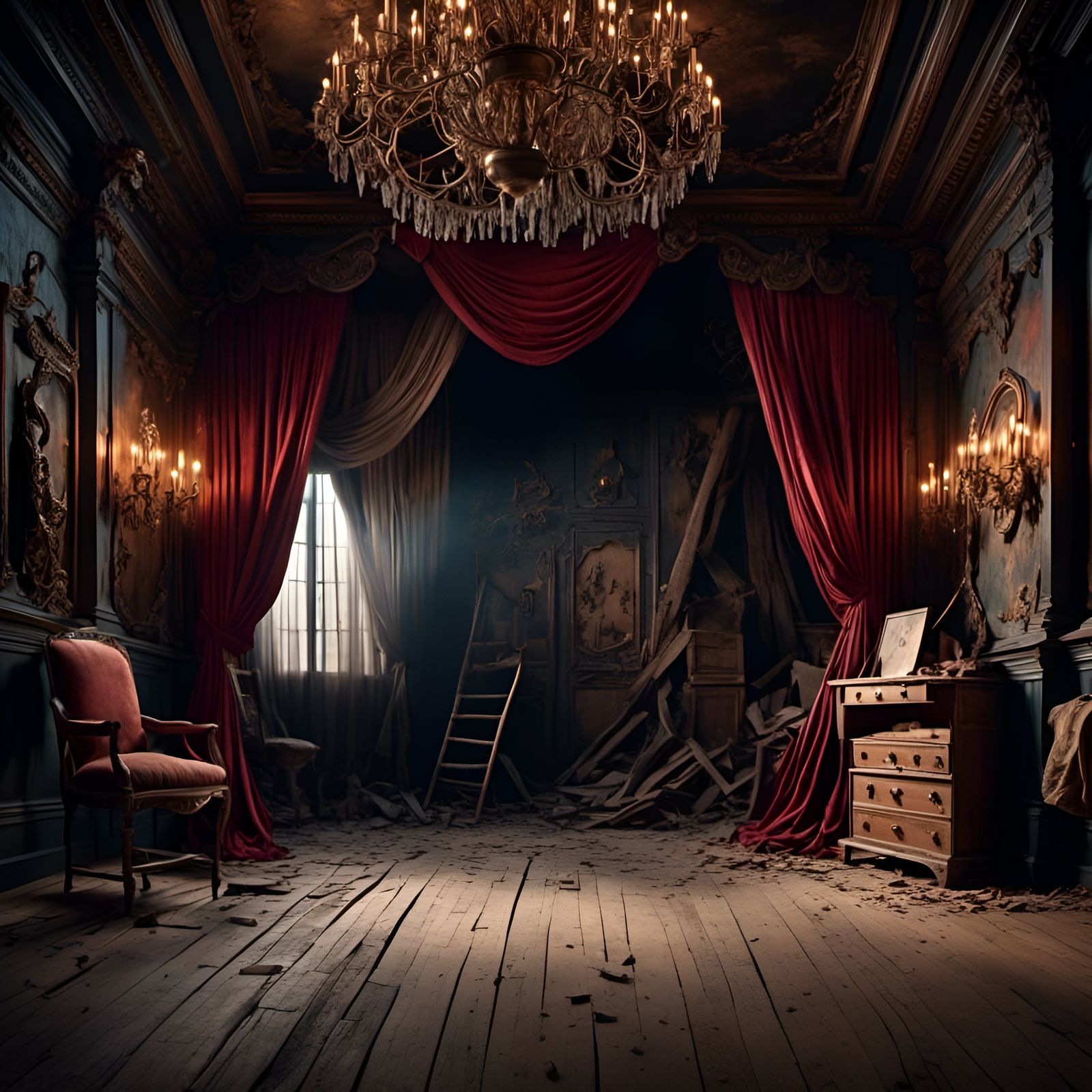 Abandoned Puppet Theater on Dark Stage