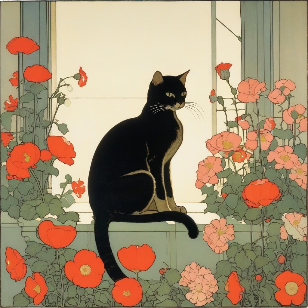Cat with Flowers in Pre-Raphaelite Style
