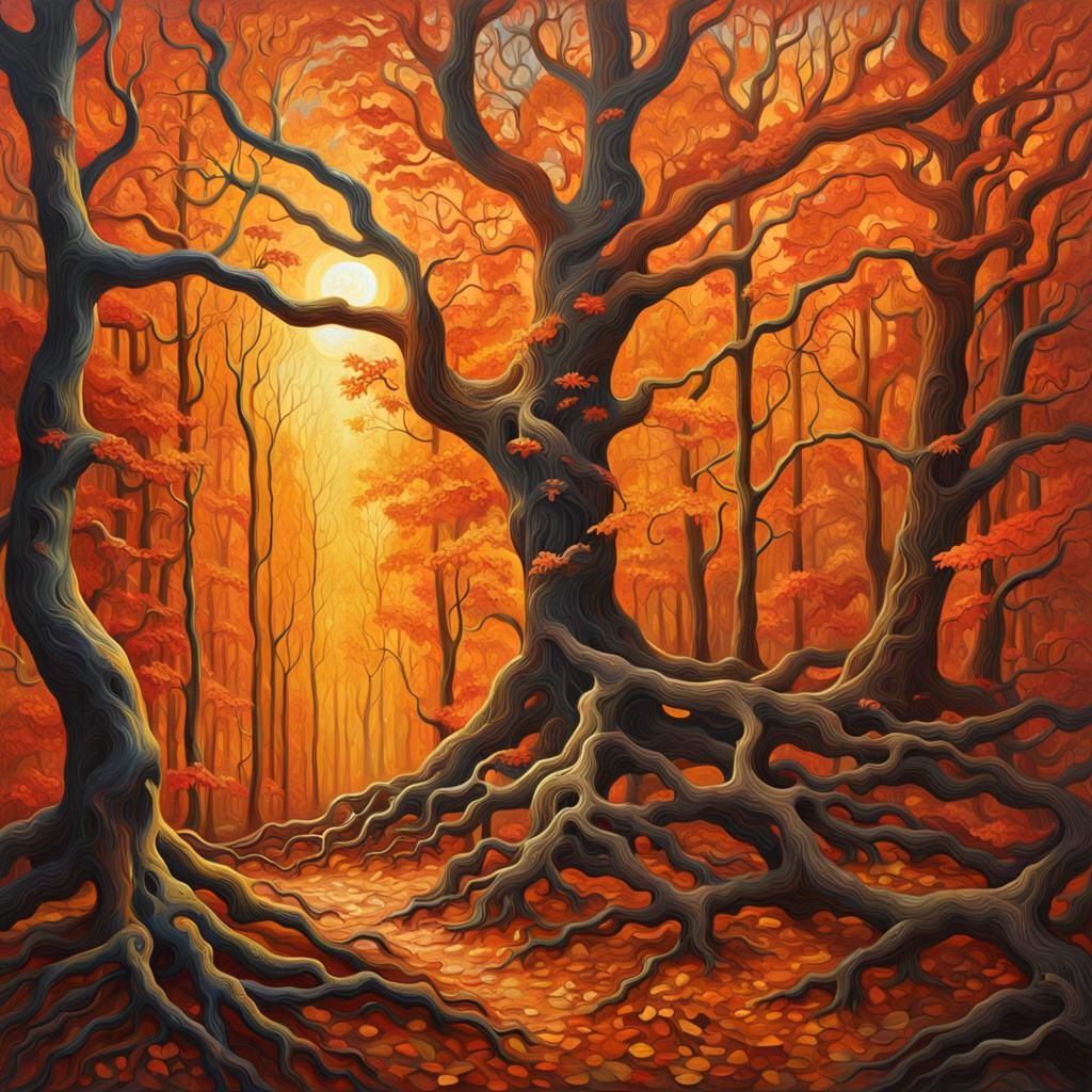 Surreal Autumn Canopy: Oil Painting with Melting Textures