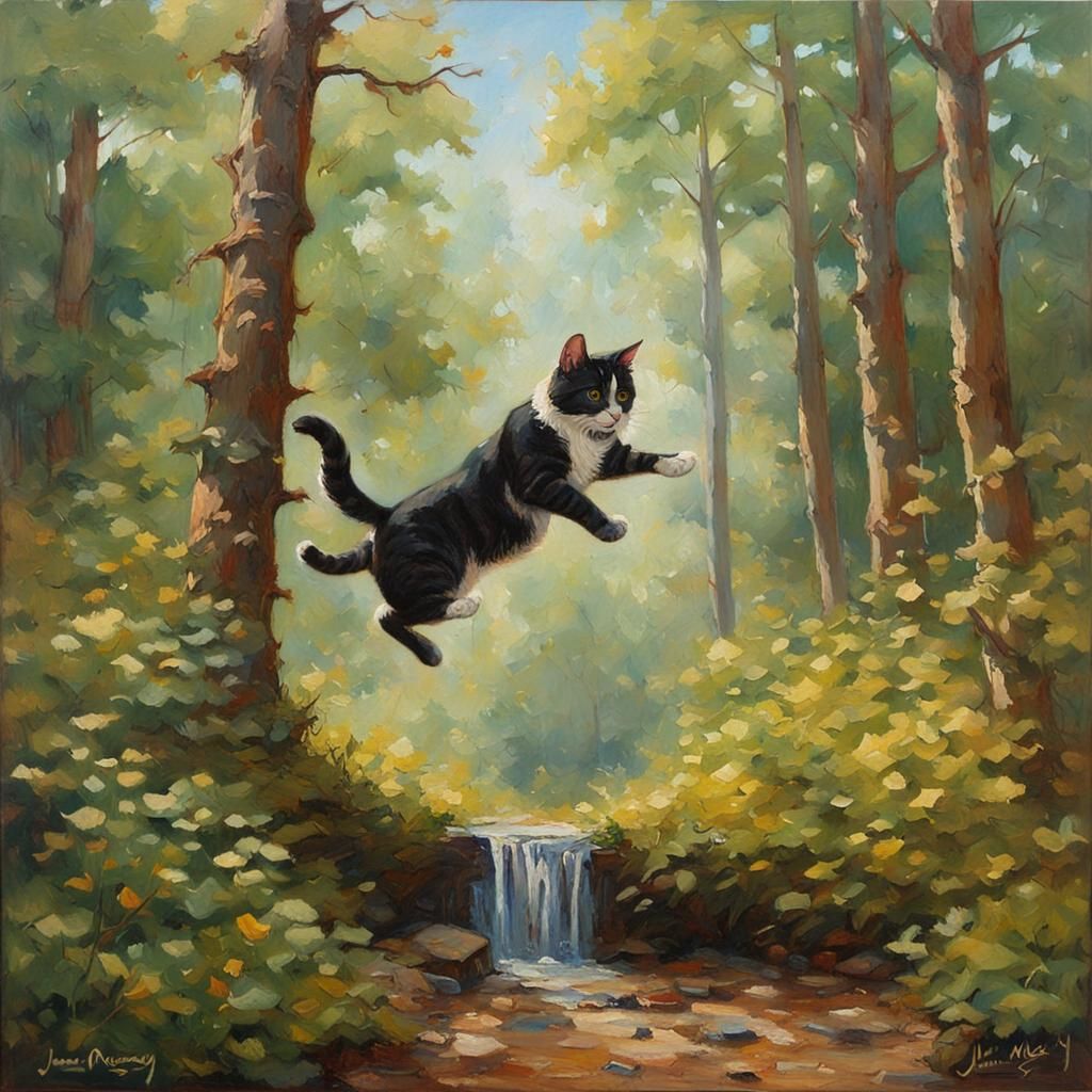 Cat's Joyful Leap in Forest, Oil Painting