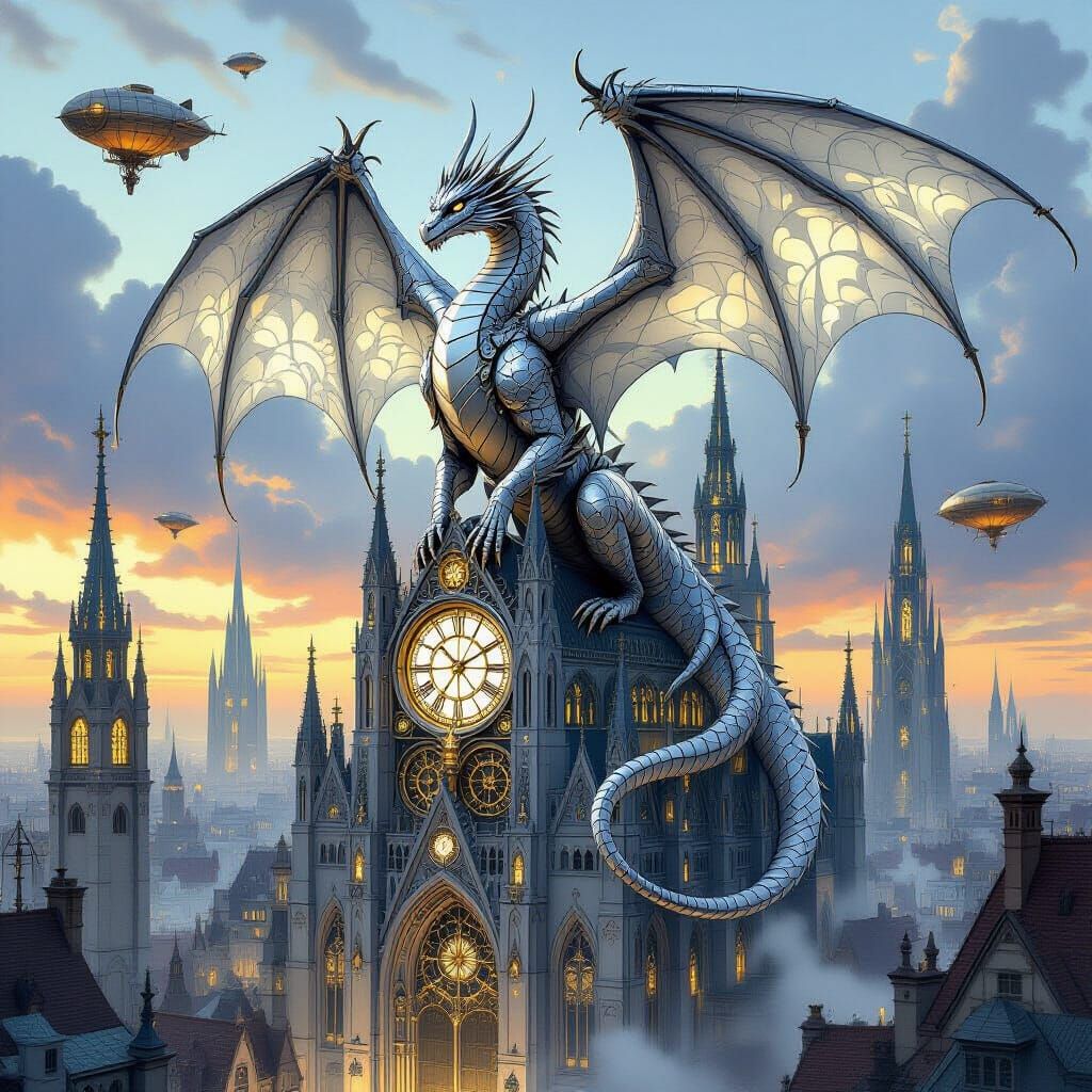 Silver Dragon in Steampunk City, Art Nouveau Style
