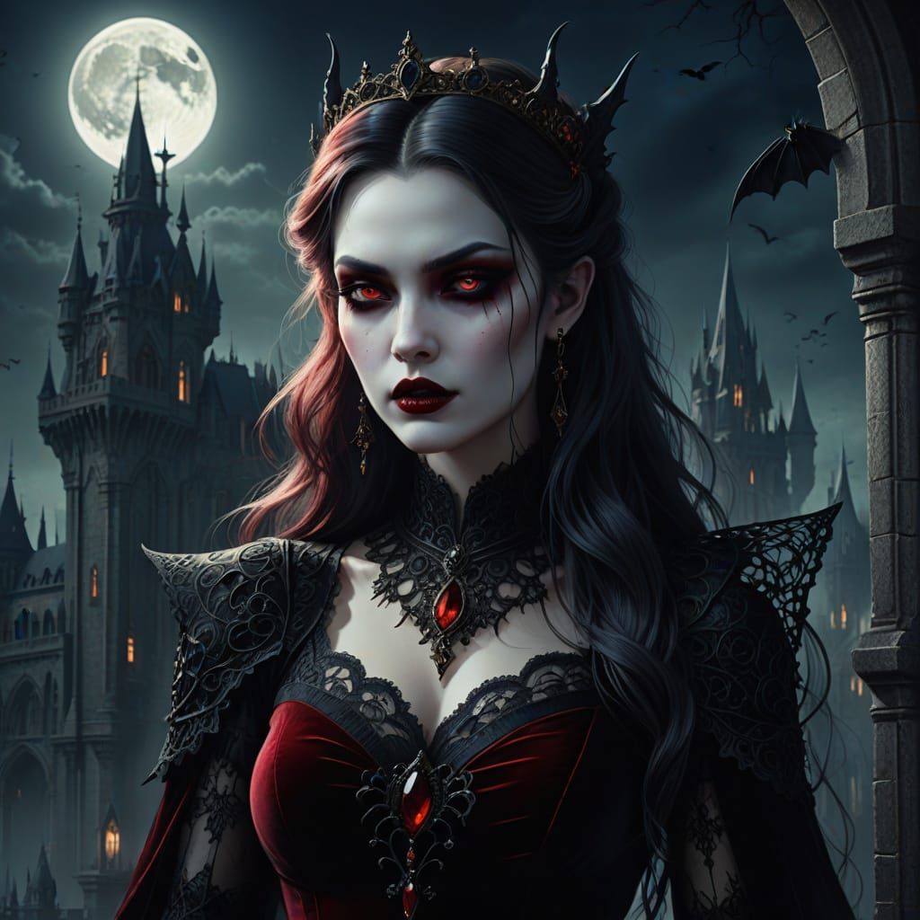 Vampire Queen in Moonlit Castle: Gothic Fantasy Art