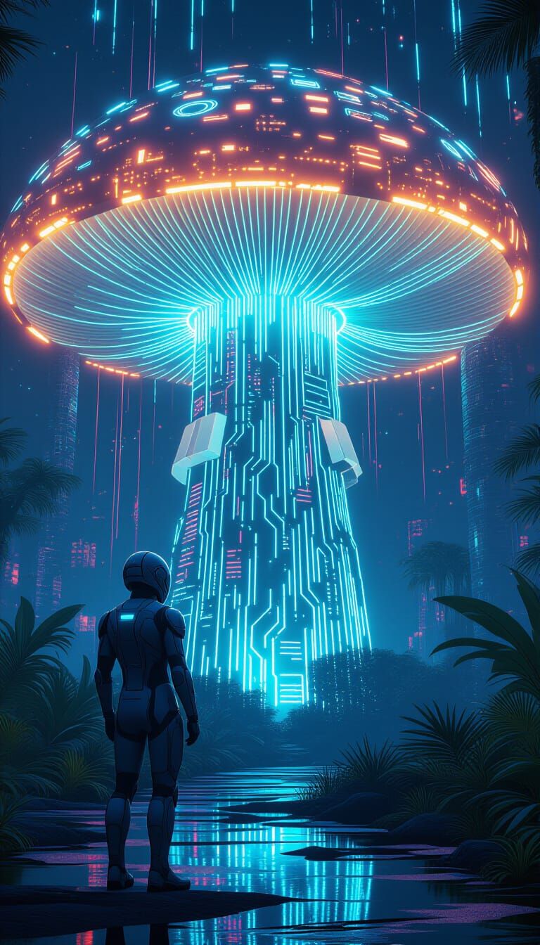 Bioluminescent Mushroom and Futuristic Technician in Cyberpu...