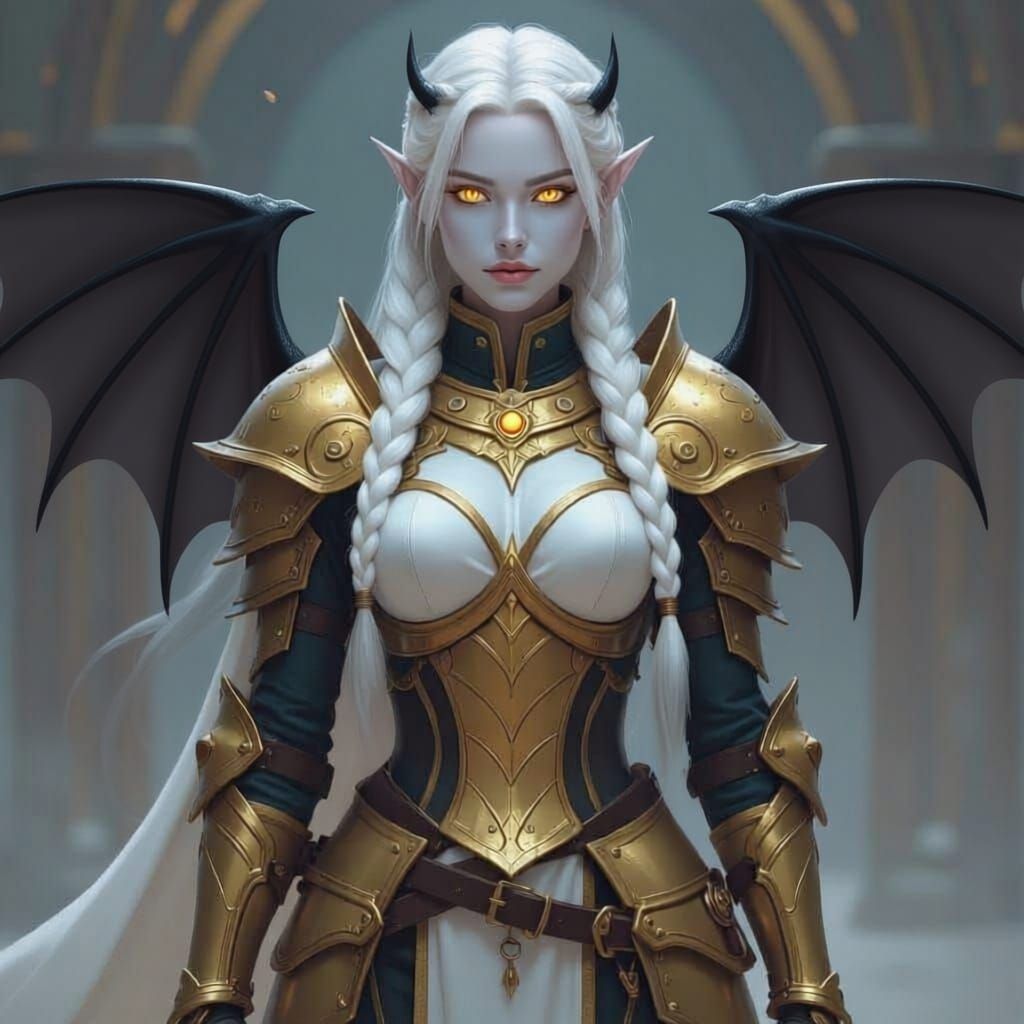 Heroic Tiefling Aasimar Paladin in Golden Armor