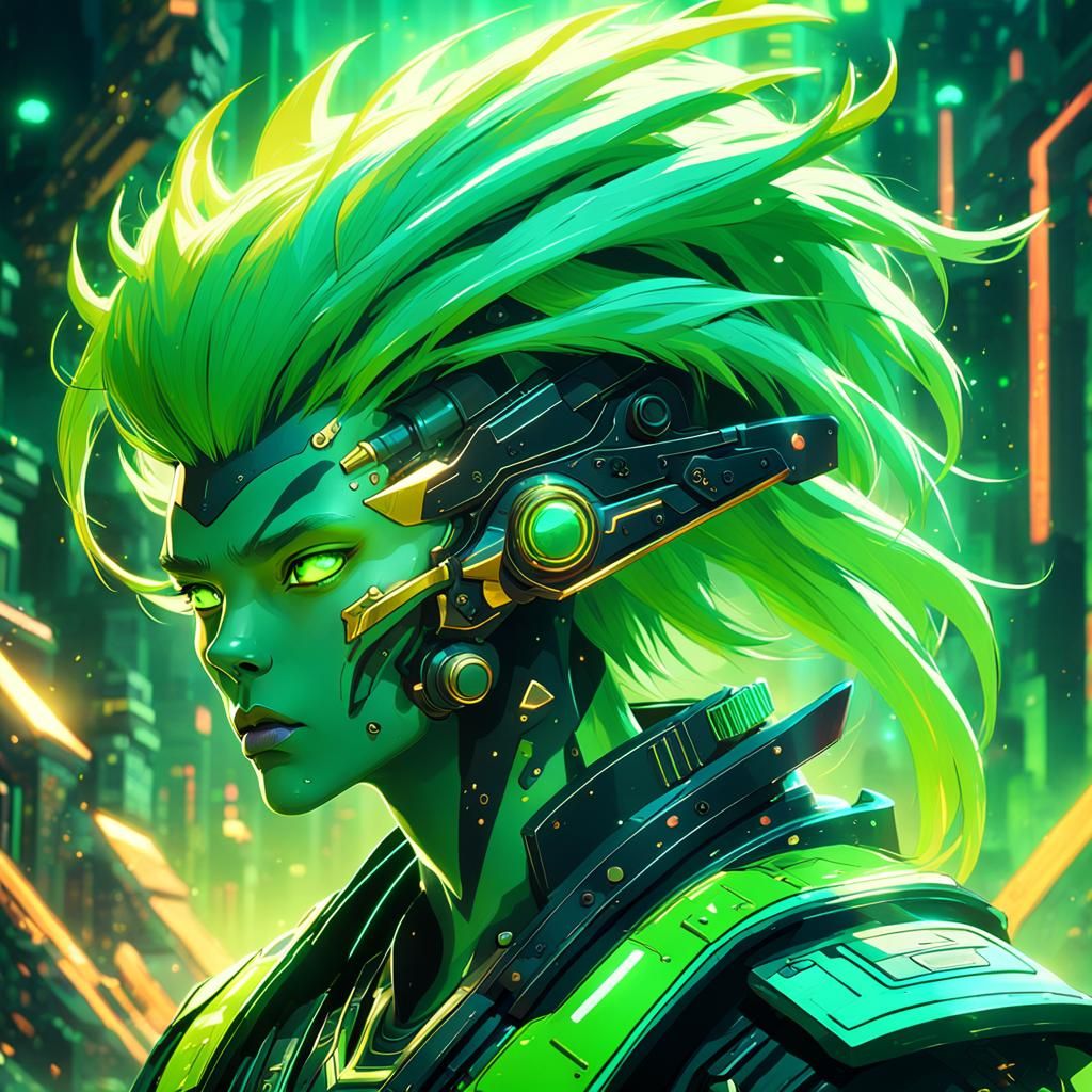 Mystical Green-Haired Character in Sci-Fi Landscape