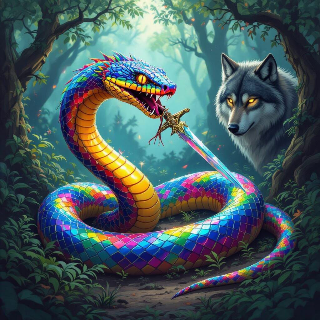 Rainbow Snake With Sword and Lurking Wolf