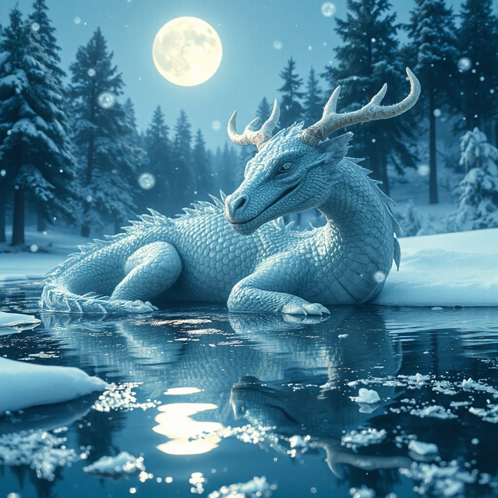 Eastern Dragon in Frozen Forest, Ethereal Lighting