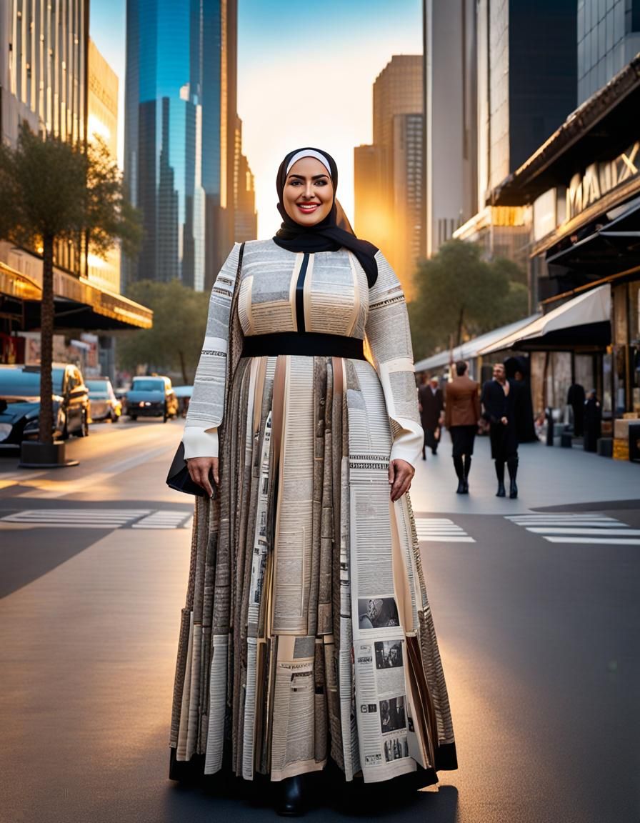 Elegant Middle Eastern Woman Adorns Newspaper Maxi Dress in....