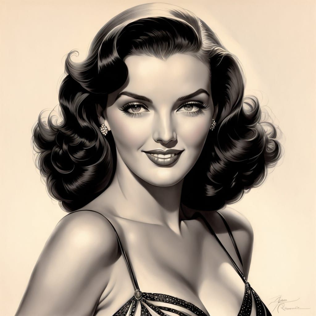 Vintage Pin-Up Girl Portrait in Impressionist Pencil Style