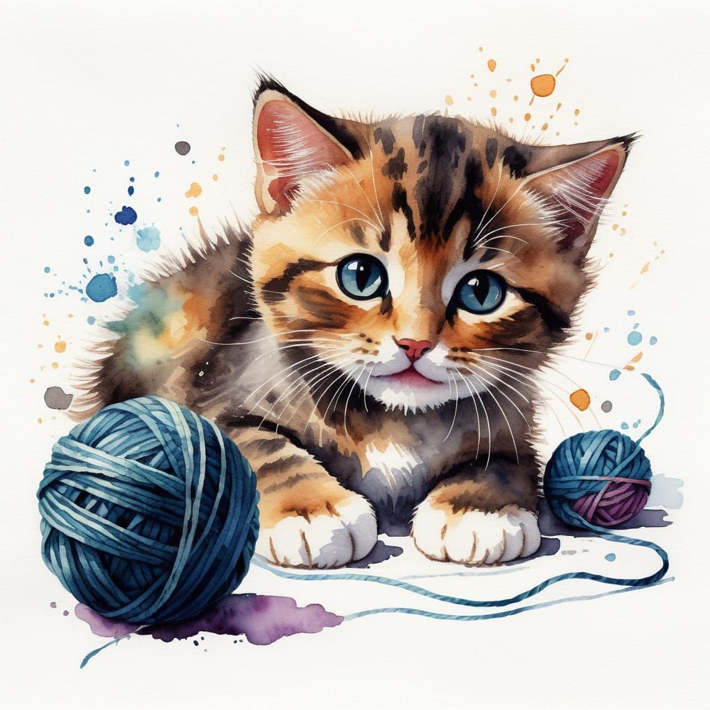 Vibrant Watercolor Kitty at Play