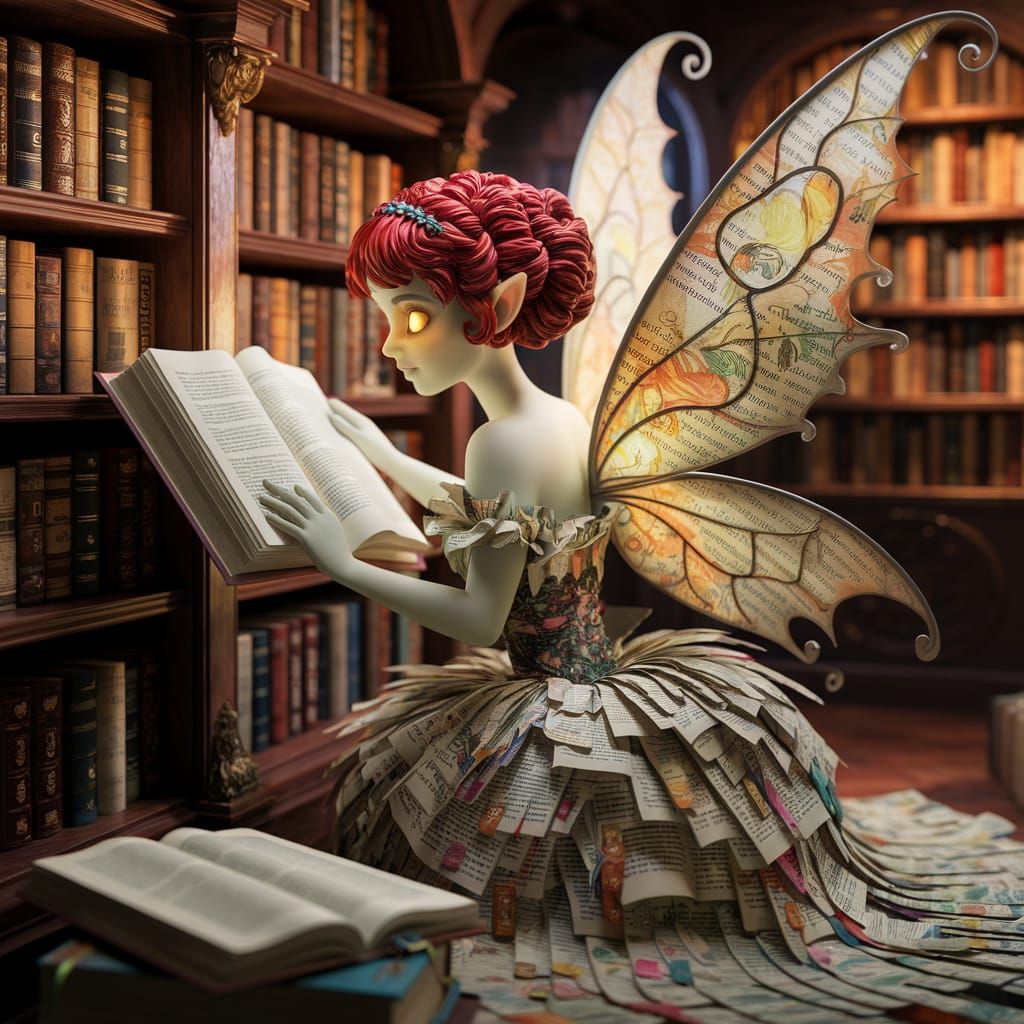 Literary Fairy in Library, Art Nouveau Style