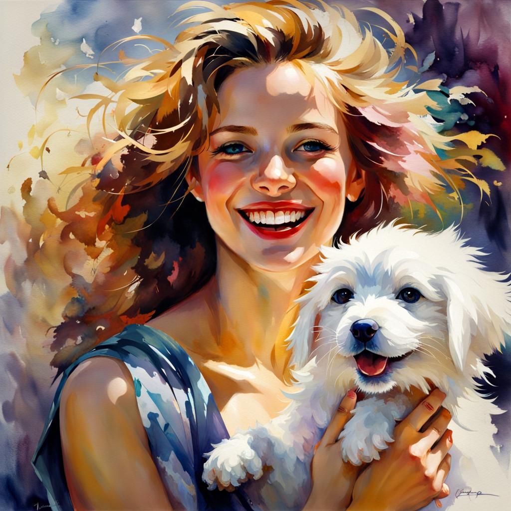 Joyful Girl and Puppy, Stylized Watercolor Portrait
