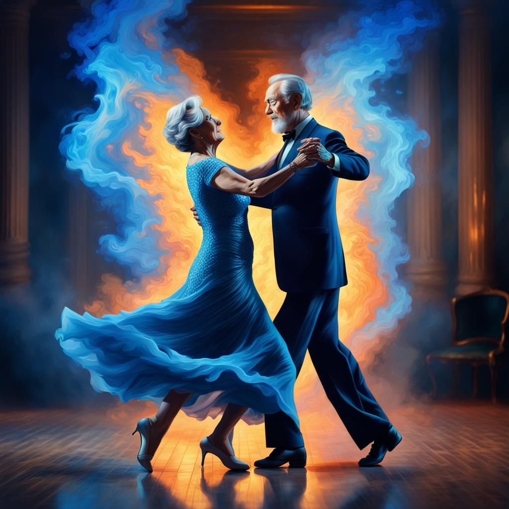 Old Couple's Fiery Waltz: Hyperrealistic Splash Art