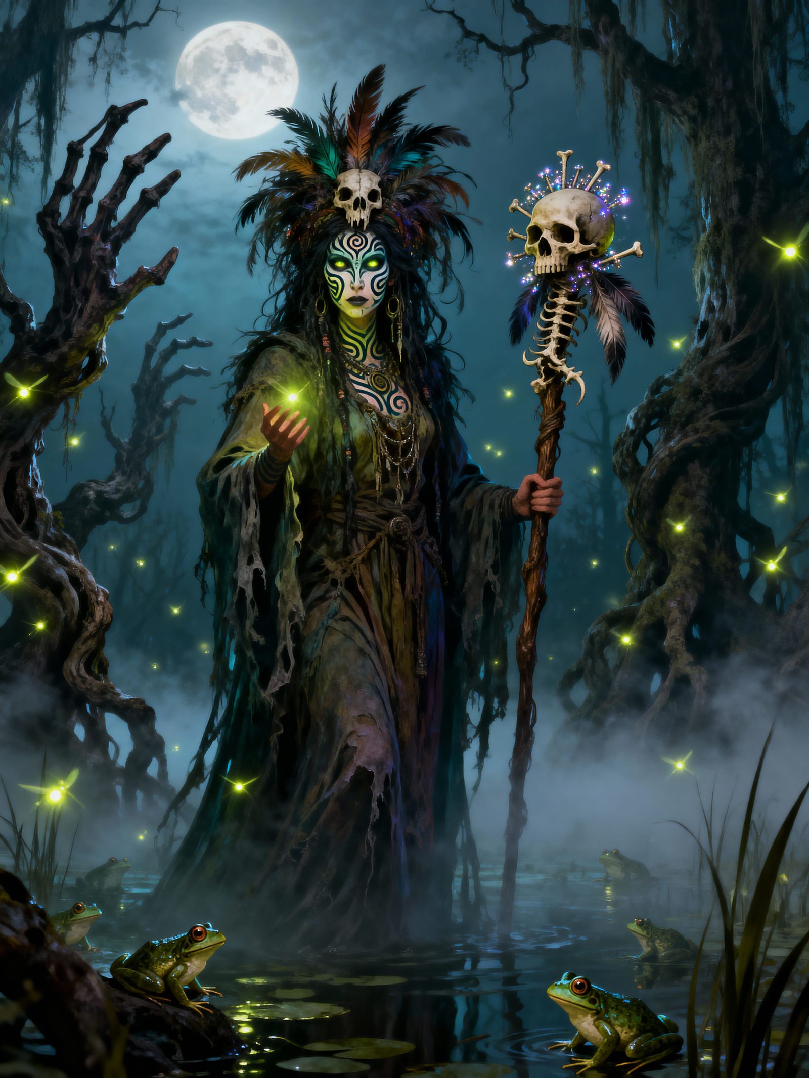 Voodoo Priestess in Moonlit Swamp, Mystical Realism Style