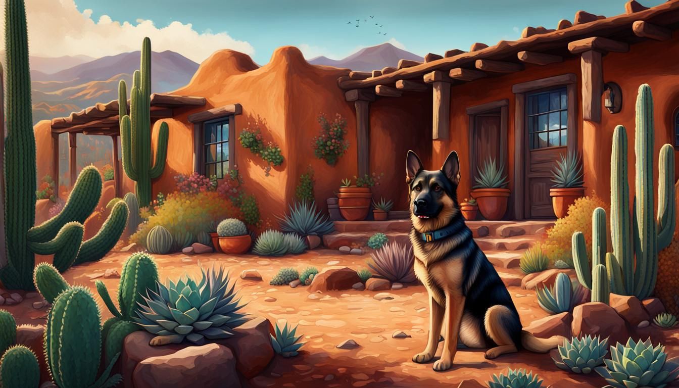 Santa Fe Adobe Home Painting with German Shepherd