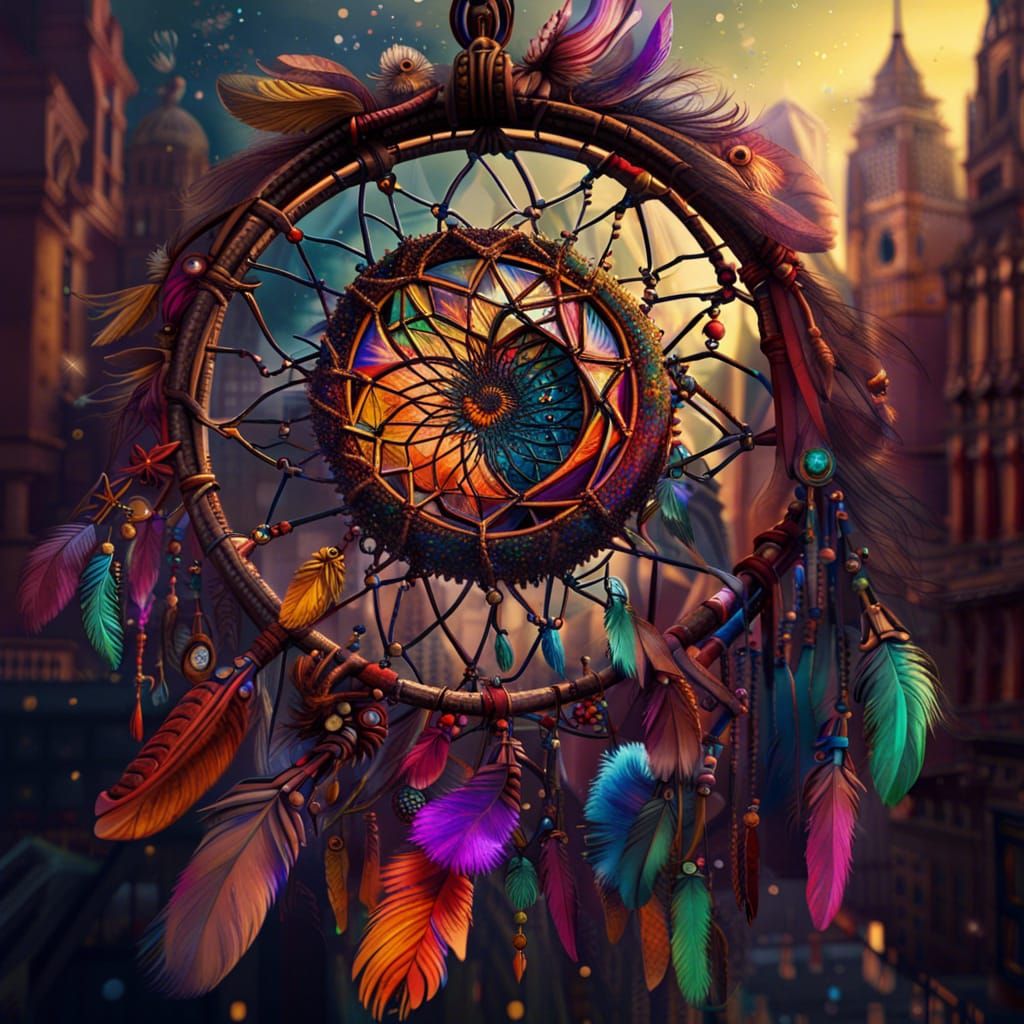 Dreamcatcher Over Cityscape in Detailed Matte Painting