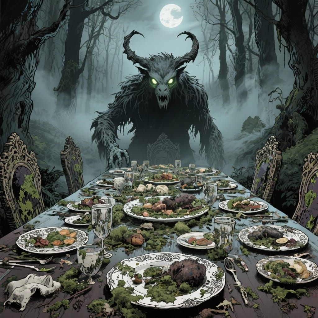 Wendigo Feast in Misty Forest, Dark Fantasy Style