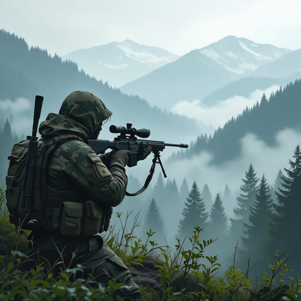 Camouflaged Sniper in Carpathian Mountains