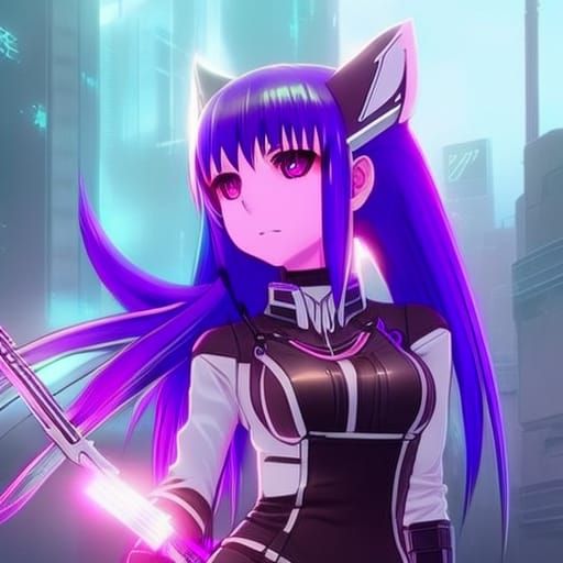 Anime Wolf Maid with Glowing Hair in Cyberpunk Style