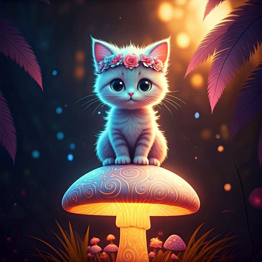 Pastel Kawaii Cat on Glowing Mushroom
