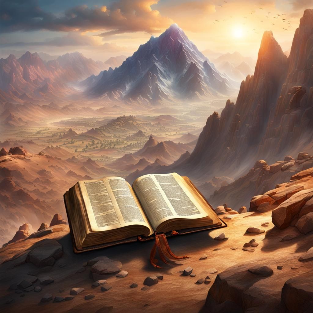 Bible on Mount Sinai with Moses in Watercolor