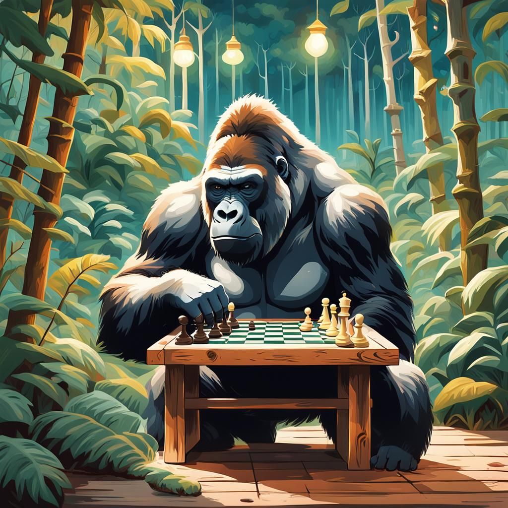 Gorilla Plays Chess: Concept Art in Rousseau Style
