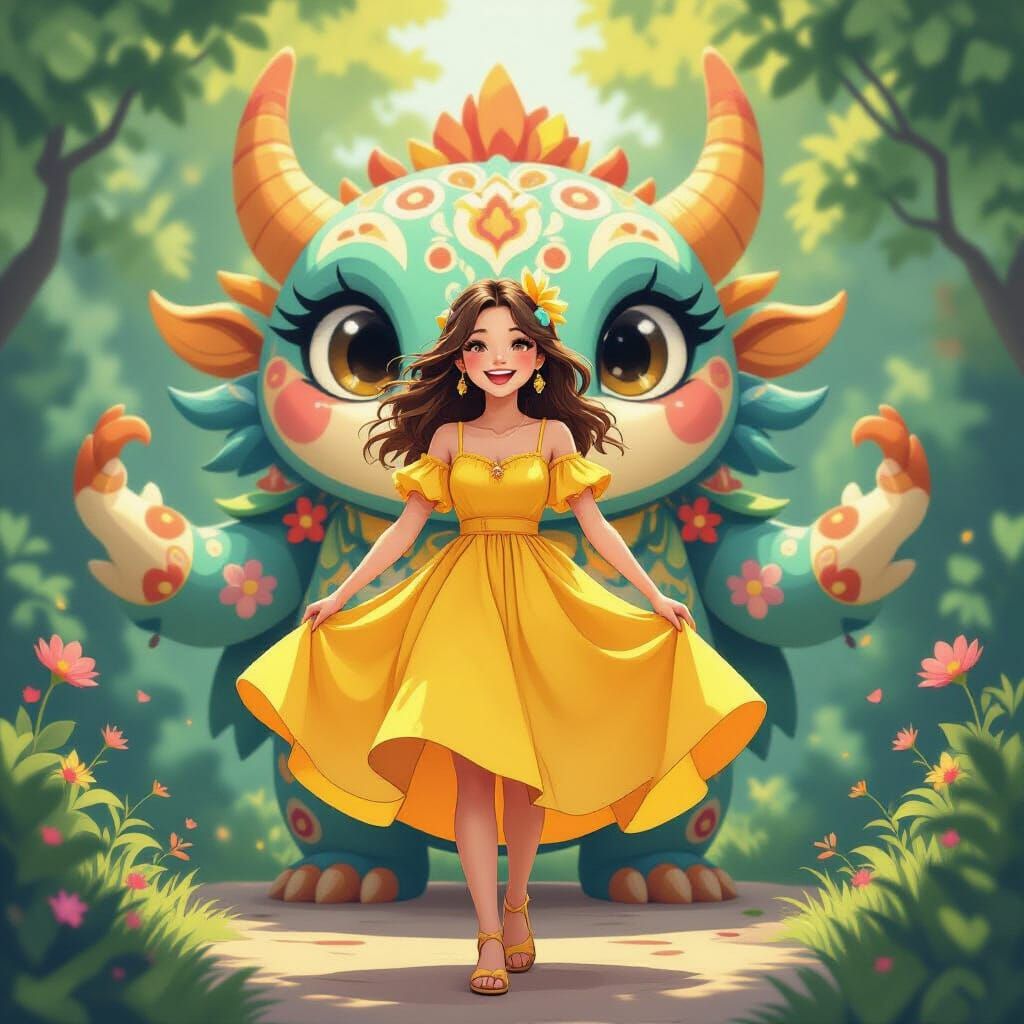 Joyful Woman and Symmetrical Creature, Dreamlike Art