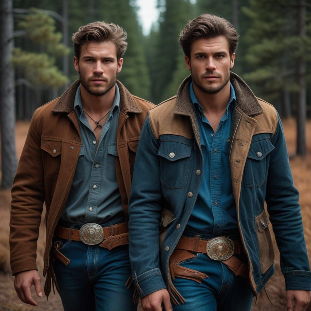 Two Handsome Cowboys Walk Through a Majestic Conifer Forest