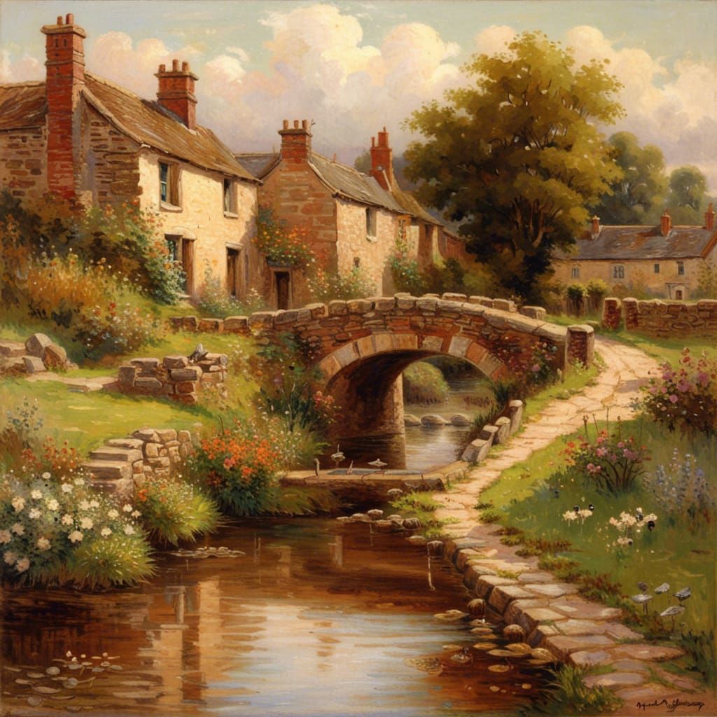 Charming Village Bridge Inspired by Landscape Painting