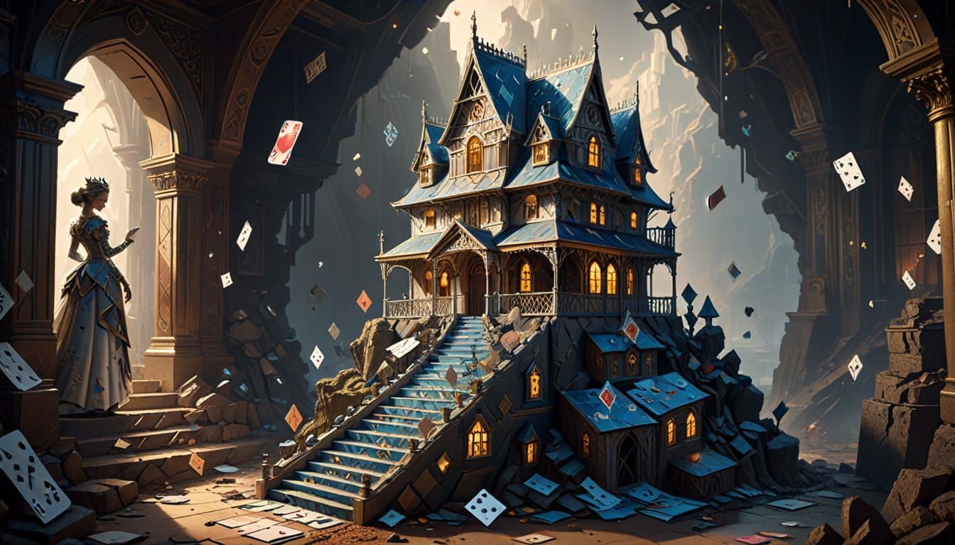 Queen of Diamonds Guards Precarious Card House on Precipice